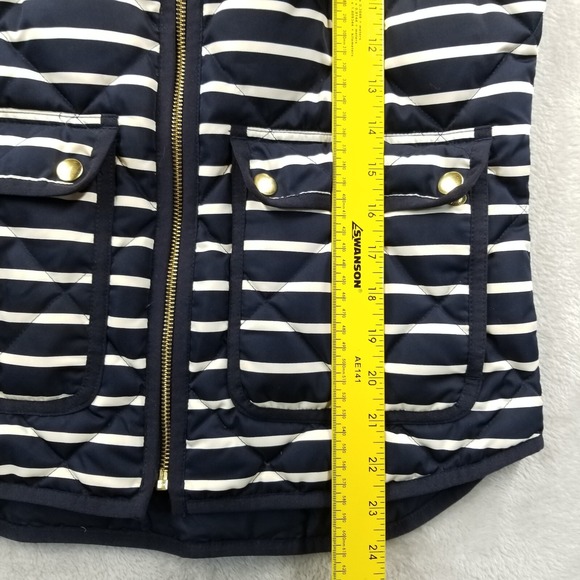 J Crew Puffer Vest Women XS Blue‎ White Striped Down Full Zip Packable Pockets - Picture 5 of 9